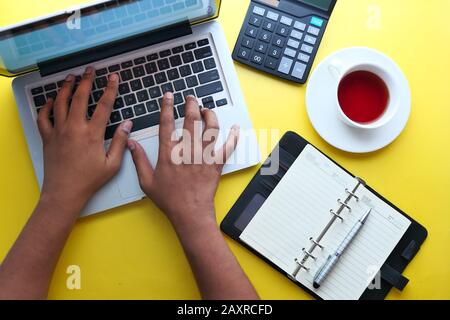 top view of man hand typing on laptop  Stock Photo