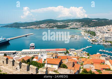 Kavala, Greece - 15 June 2019. Aerial view from the ancient fortress in Kavala to the bey and harbor Stock Photo