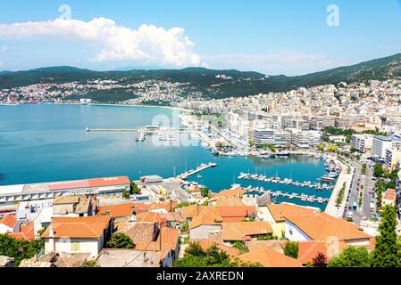 Kavala, Greece - 15 June 2019. Aerial view from the ancient fortress in Kavala to the bey and harbor Stock Photo