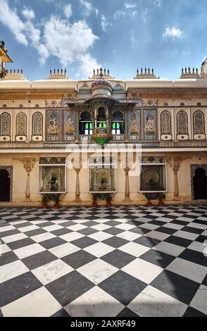 City Palace museum with checkered floor and beautiful architecture in Udaipur, Rajasthan, India Stock Photo