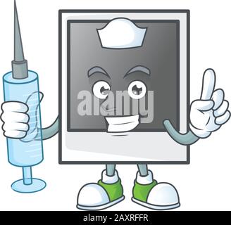 Smiley Nurse empty polaroid photo frame cartoon character with a syringe Stock Vector