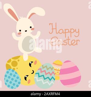 Cute kawaii vector easter bunny dancing on eggs Stock Vector
