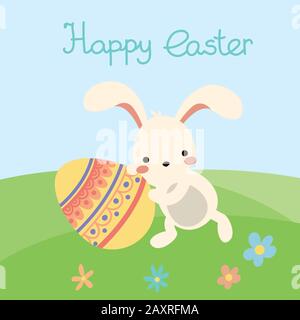Vector easter bunny with eggs, flowers. Landscape Stock Vector