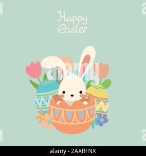 Vector easter bunny in egg with flowers, lettering Stock Vector