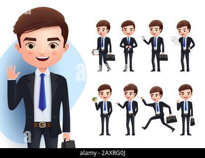 Business man vector character set. Business professional male characters in standing, waving, talking, running, walking, and reading pose isolated. Stock Vector