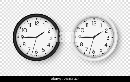 Realistic office clock. Round clocks on wall. Vector black and white watch isolated on transparent background Stock Vector