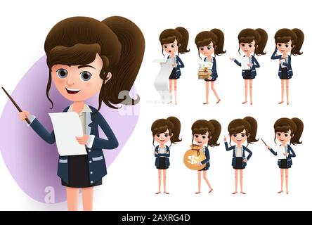Female teaching vector character set. Professional business characters of woman teaching and presenting about business proposal while standing. Stock Vector