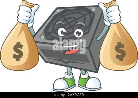 A cute image of power supply unit black color cartoon character holding money bags Stock Vector