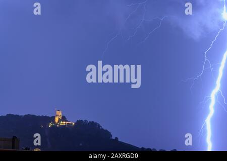 Germany, Baden-Württemberg, Karlsruhe, district Durlach, thunderstorm over the tower mountain. Stock Photo