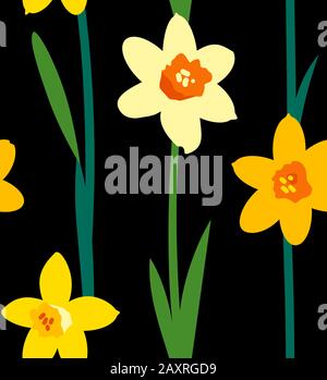 Floral seamless pattern with yellow daffodils and green branches isolated on black background. Endless texture for spring or summer design. Bright Stock Vector