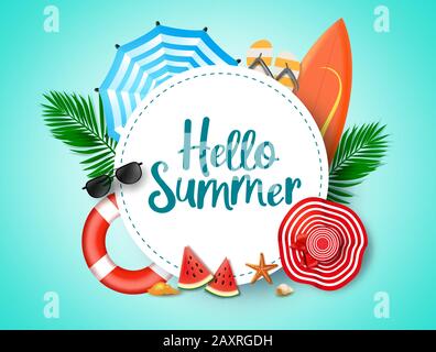 Hello summer vector background template. Hello summer greeting text in white circle frame and colorful beach element of hat, water melon, star fish. Stock Vector