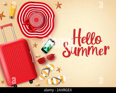 Hello summer in sand background vector banner. Hello summer greeting text with beach elements like hat, sunglasses, luggage, mobile phone, slippers. Stock Vector