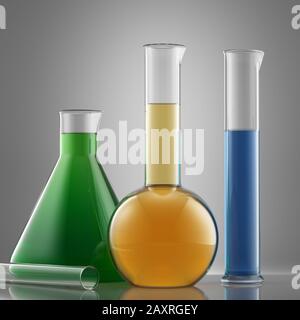 Laboratory glass equipment and burets with colorful liquid samples ready for virus test studio shot. Stock Photo