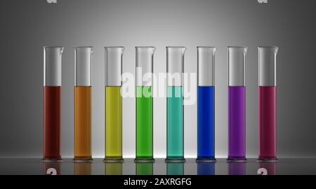 Laboratory glass equipment and burets with colorful liquid samples ready for virus test studio shot. Stock Photo