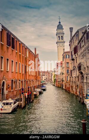 Venice / Veneto / Italy - June 23, 2019: The leaning Campanile of San Giorgio dei Greci in Venice was built by Bernardo Ongarin. It was center of the Stock Photo