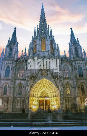 Panorama of Cathedral of the Holy Cross and Saint Eulalia during morning blue hour, Barri Gothic Quarter in Barcelona, Catalonia, Spain Stock Photo