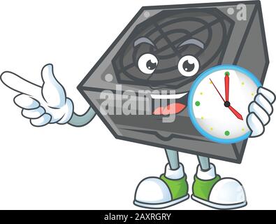 Power supply unit black color cartoon character style with a clock Stock Vector