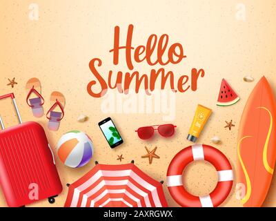 Hello summer vector background  design. Hello summer greeting text in sand with beach element of watermelon, sunglasses, sun screen, beach ball. Stock Vector