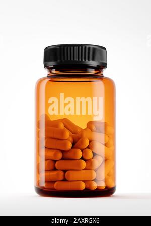 Transparent orange bottle half full of capsule pills against white background. Supplement and antibiotics product mockup. Stock Photo