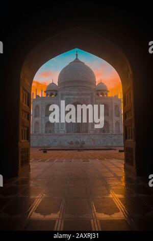 India. Taj Mahal indian palace. Door to the taj mahal at sunset. Stock Photo