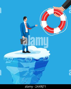 Businessman floats on iceberg getting lifebuoy. Stock Vector