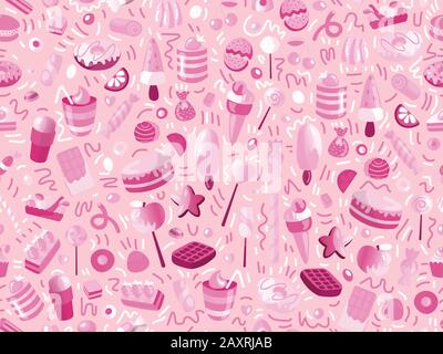 Cute seamless pattern with colorful sweets, cakes, lollipops. Cartoon seamless pattern with candy and sweet dessert. Fun colorful sweet pattern with Stock Vector