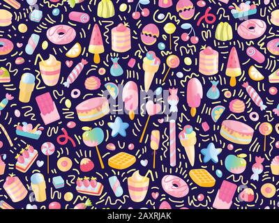 Cute seamless pattern with colorful sweets, cakes, lollipops. Cartoon seamless pattern with candy and sweet dessert. Fun colorful sweet pattern with Stock Vector