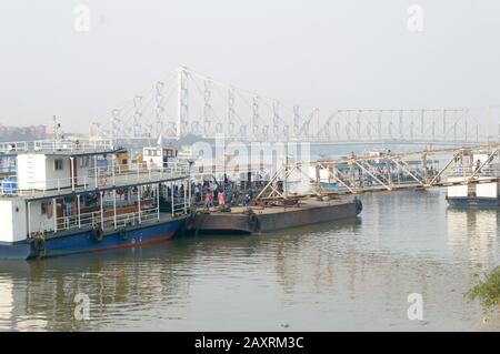 Passenger ferry service station by West Bengal Surface Transport Corporation (WBSTC) on Hooghly river bank Shipping Corporation Ghat. A public water t Stock Photo