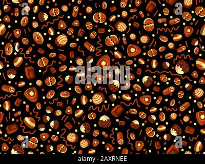 Vector cute cartoon chocolate candy pattern. Cute chocolate candies seamless pattern. Candy, chocolate bar, sweet desserts on cute cartoon pattern Stock Vector
