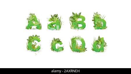 Green Leaves font. Vector illustration. Stylish eco alphabet from colorful tropical leaves, bushes, flowers and nature elements. Egology and natural Stock Vector