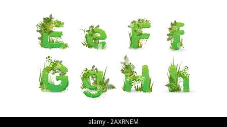 Green Leaves font. Vector illustration. Stylish eco alphabet from colorful tropical leaves, bushes, flowers and nature elements. Egology and natural Stock Vector