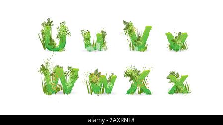 Green Leaves font. Vector illustration. Stylish eco alphabet from colorful tropical leaves, bushes, flowers and nature elements. Egology and natural Stock Vector