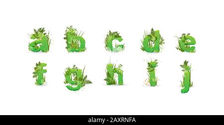 Green Leaves font. Vector illustration. Stylish eco alphabet from colorful tropical leaves, bushes, flowers and nature elements. Egology and natural Stock Vector