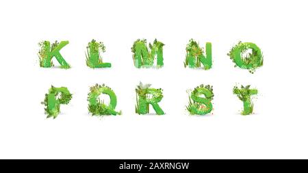 Green Leaves font. Vector illustration. Stylish eco alphabet from colorful tropical leaves, bushes, flowers and nature elements. Egology and natural Stock Vector