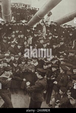 Red Army in 1930s. From soviet propaganda book of 1937. Marshal Voroshilov visiting soviet navy Stock Photo