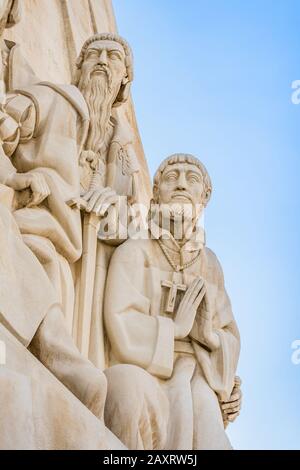Lisbon, Portugal: Statues of St Francis Xavier and Alfonso de Albuquerque on the Discoveries  Monument in Belem on the banks of the Tagus river estuar Stock Photo