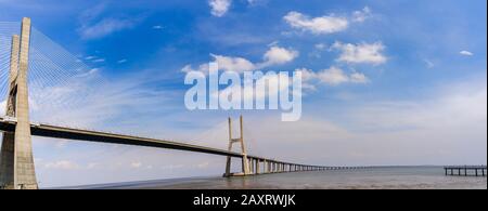 Lisbon, Portugal: Vasco da Gama bridge, a cable stayed bridge flanked by viaducts and rangeviews that spans the Tagus river in Parque das Nacoes