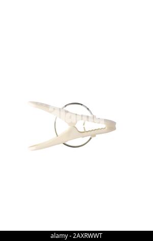 white plastic clothespin isolated on white background. Stock Photo