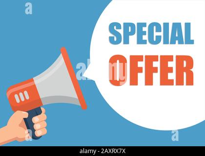 Special Offer - Male hand holding megaphone. Flat design. Can be used business company for social media, networks, promotion and advertising. Stock Vector