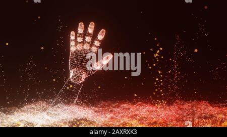 An abstract field of luminous dots and a luminous robot arm. The concept of new technologies. 3D rendering Stock Photo