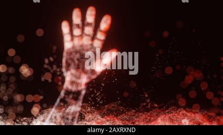 An abstract field of luminous dots and a luminous robot arm. The concept of new technologies. 3D rendering Stock Photo