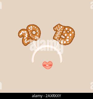 Christmas photo prop booth mask with 2019 numbers on cute headband and kissing lips. New year photo booth element 2019 for christmas party Stock Vector