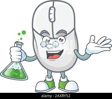 A genius Professor white mouse cartoon character with glass tube Stock Vector
