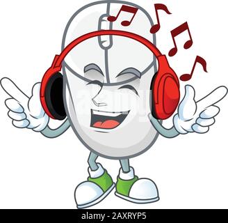 White mouse cartoon character design Listening music on a headset Stock Vector