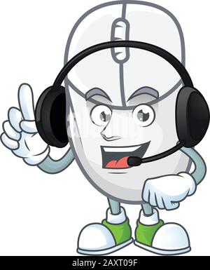 Sweet white mouse cartoon character design speaking on a headphone Stock Vector