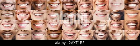 Panoramic collage of multiethnic people white smiles Stock Photo