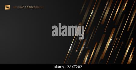 Abstract modern luxury template banner web design golden shiny diagonal stripe lines with light on black background. Vector illustration Stock Vector
