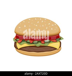 Vector drawing of hamburger with cheese, tomatoes, chop, lettuce, cucumber in Illustration for design fast food menu. Hamburger isolated icons. Stock Vector