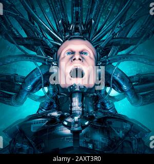 Trapped in my own reality / 3D illustration of science fiction scene with terrified man encased in mechanical virtual reality suit Stock Photo