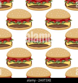 Seamless pattern Burger with tomato cucumber ketchup steak cheese salad on a white background. Vector image Stock Vector